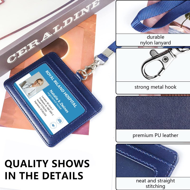 Teskyer Badge Holder with Lanyard, Leather ID Name Badge Card Holder with Lanyard for ID Badges, Horizontal Blue - Image 3